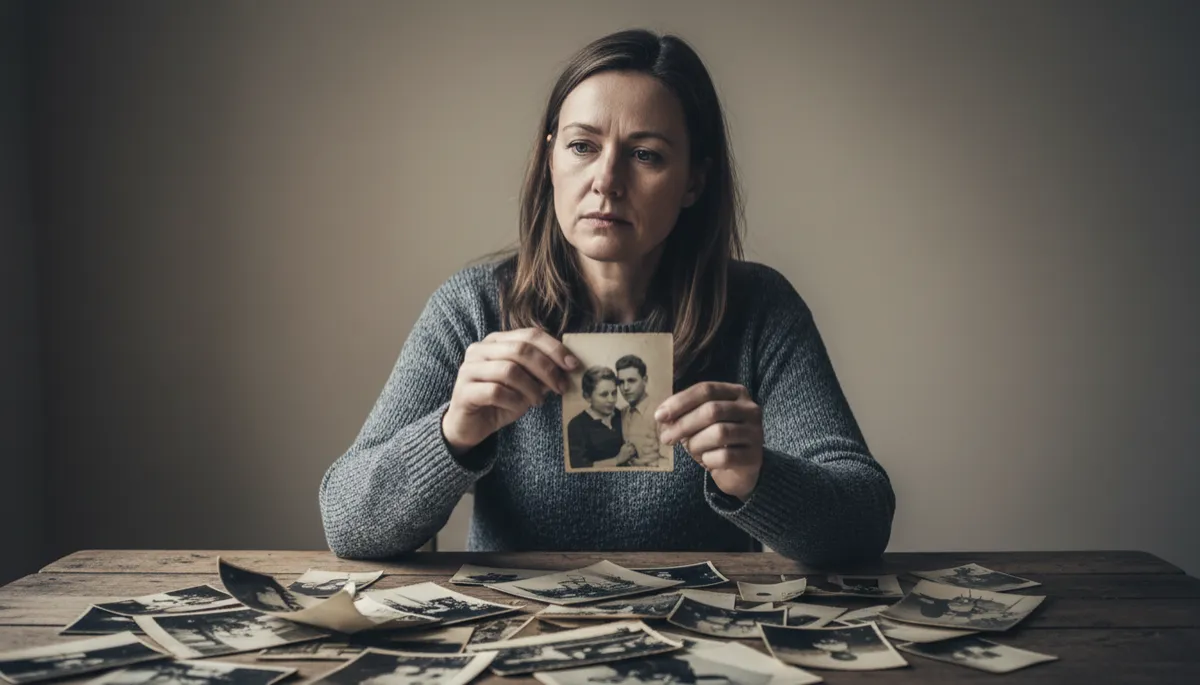 Person reflecting on old photographs and painful memories that shaped their identity Person reflecting on old photographs and painful memories that shaped their identity