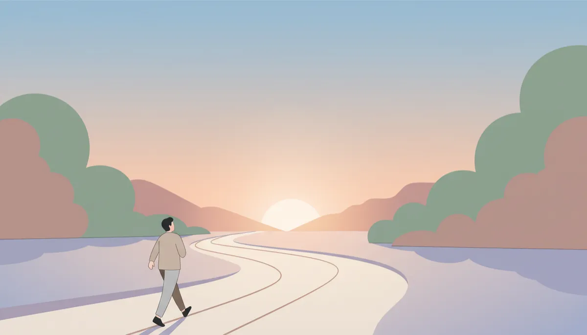Person walking toward sunrise symbolizing movement, hope, and a new beginning Person walking toward sunrise symbolizing movement, hope, and a new beginning