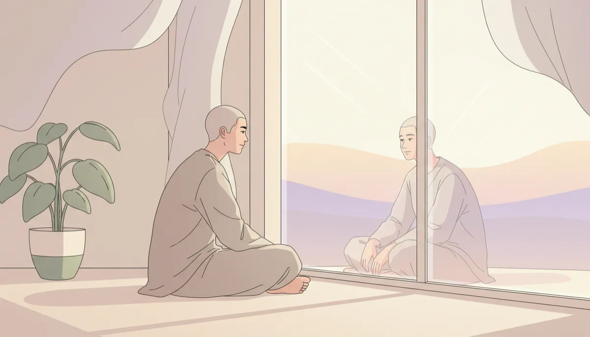 Person quietly looking at their reflection, symbolizing self-discovery and emotional healing Person quietly looking at their reflection, symbolizing self-discovery and emotional healing