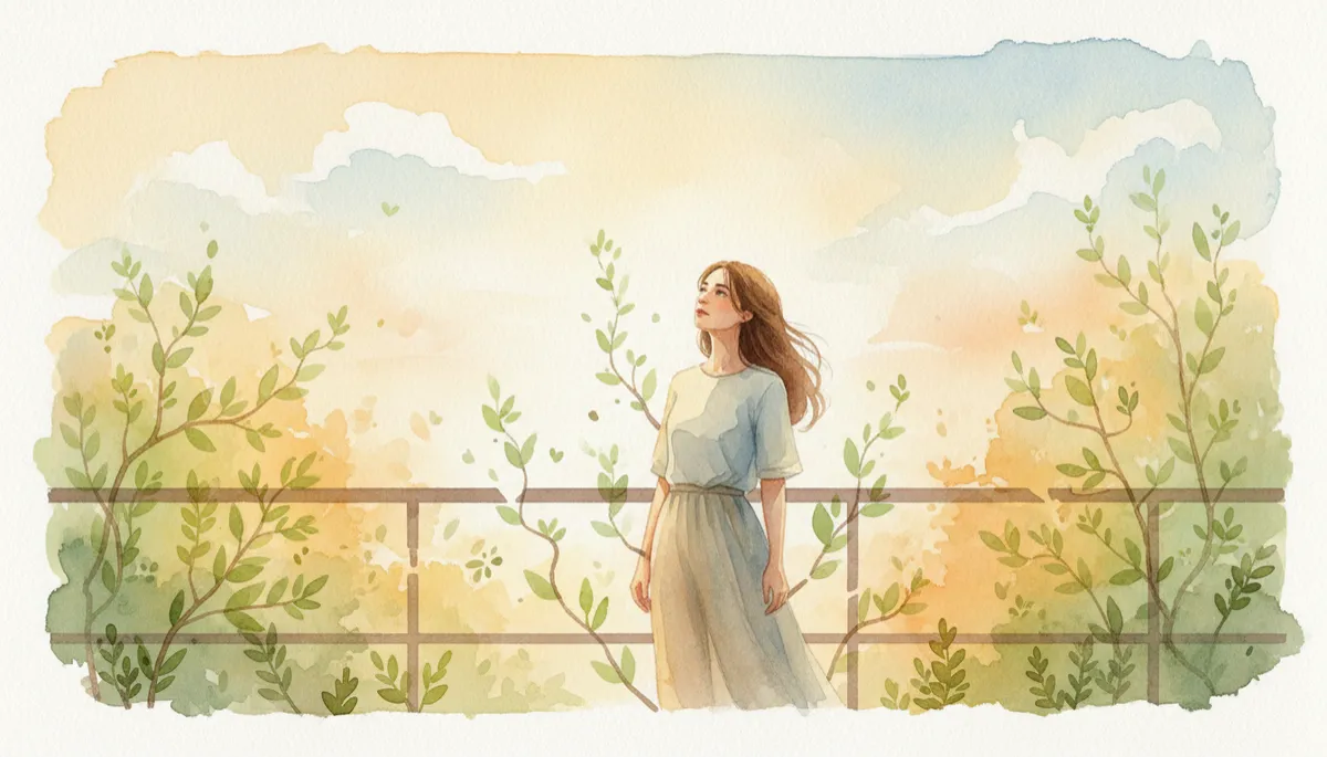 professional neutral-toned photograph of a person standing in a softly sunlit park or balcony, gentle greenery and calm sky, posture open and relaxed, subtle signs of growth like small plants or budding branches symbolizing life after brokenness professional neutral-toned photograph of a person standing in a softly sunlit park or balcony, gentle greenery and calm sky, posture open and relaxed, subtle signs of growth like small plants or budding branches symbolizing life after brokenness