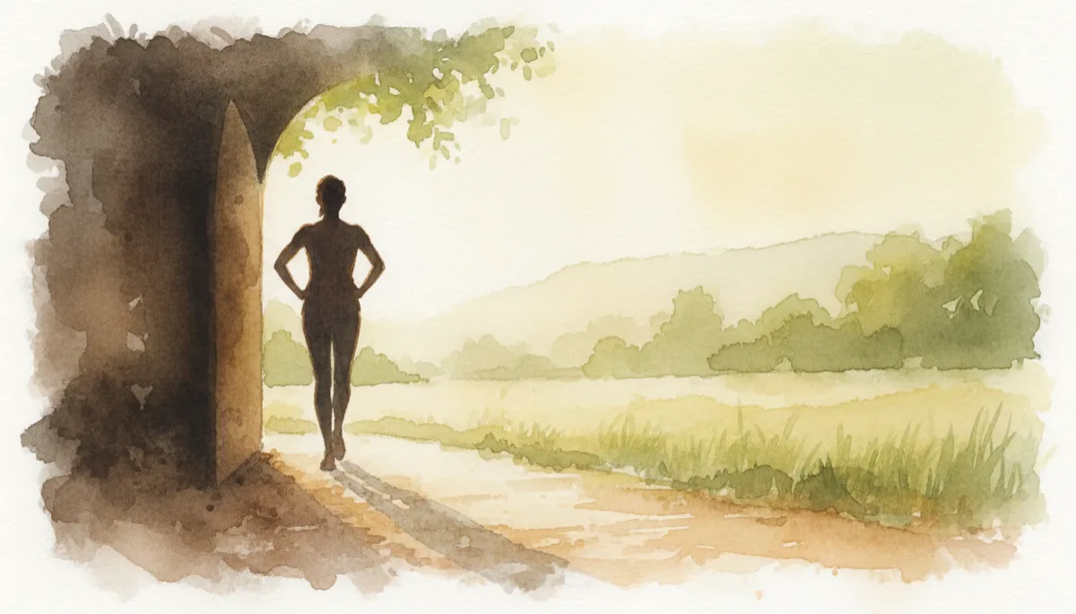 professional neutral-toned photograph gradually brighter in tone, showing a person walking out of a shadowed doorway into soft daylight, subtle greenery ahead, posture more upright symbolizing transition from survival to rebuilding professional neutral-toned photograph gradually brighter in tone, showing a person walking out of a shadowed doorway into soft daylight, subtle greenery ahead, posture more upright symbolizing transition from survival to rebuilding