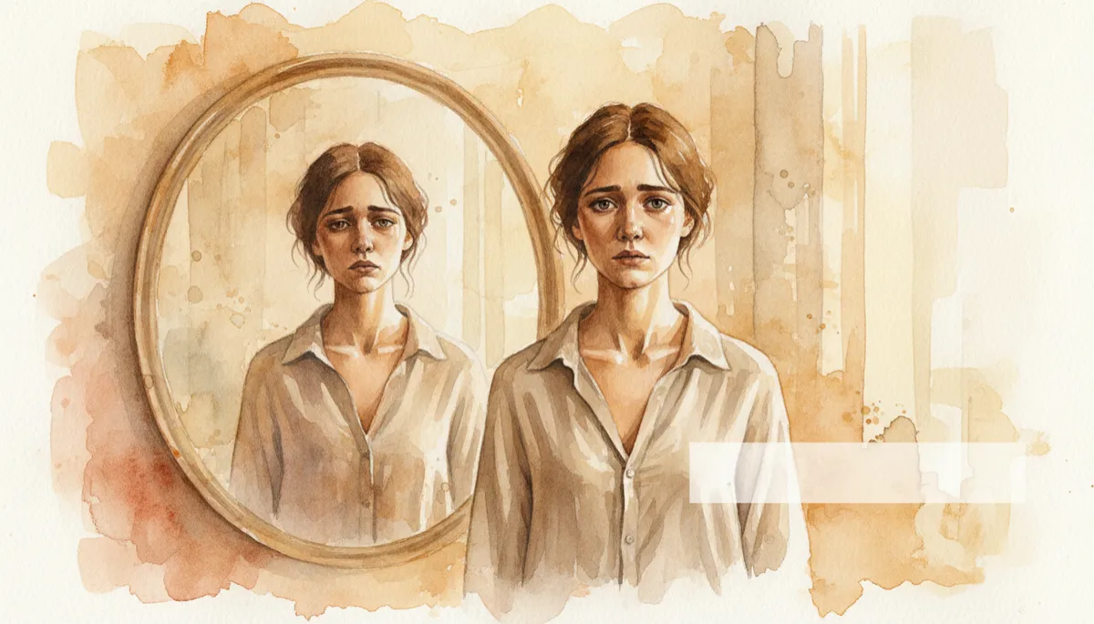 professional neutral-toned photograph of a person standing in front of a mirror, one reflection looking weary and sad while the real person looks uncertain, soft diffused light, subtle text space suitable for a pull quote overlay professional neutral-toned photograph of a person standing in front of a mirror, one reflection looking weary and sad while the real person looks uncertain, soft diffused light, subtle text space suitable for a pull quote overlay
