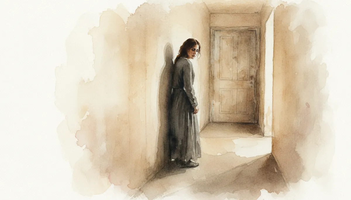 professional neutral-toned photograph of a person standing in a narrow hallway, facing a closed door while looking back over their shoulder with a pained expression, soft shadows suggesting feeling trapped or stuck in the past professional neutral-toned photograph of a person standing in a narrow hallway, facing a closed door while looking back over their shoulder with a pained expression, soft shadows suggesting feeling trapped or stuck in the past