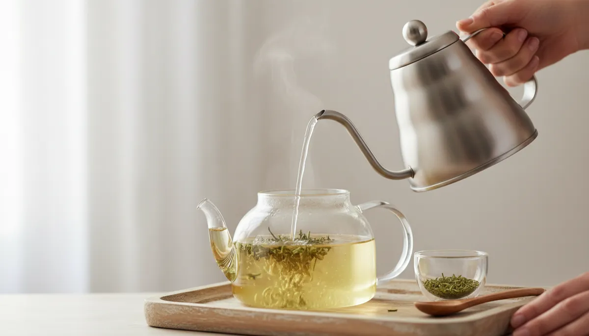 Person brewing moringa loose leaf tea in a glass teapot