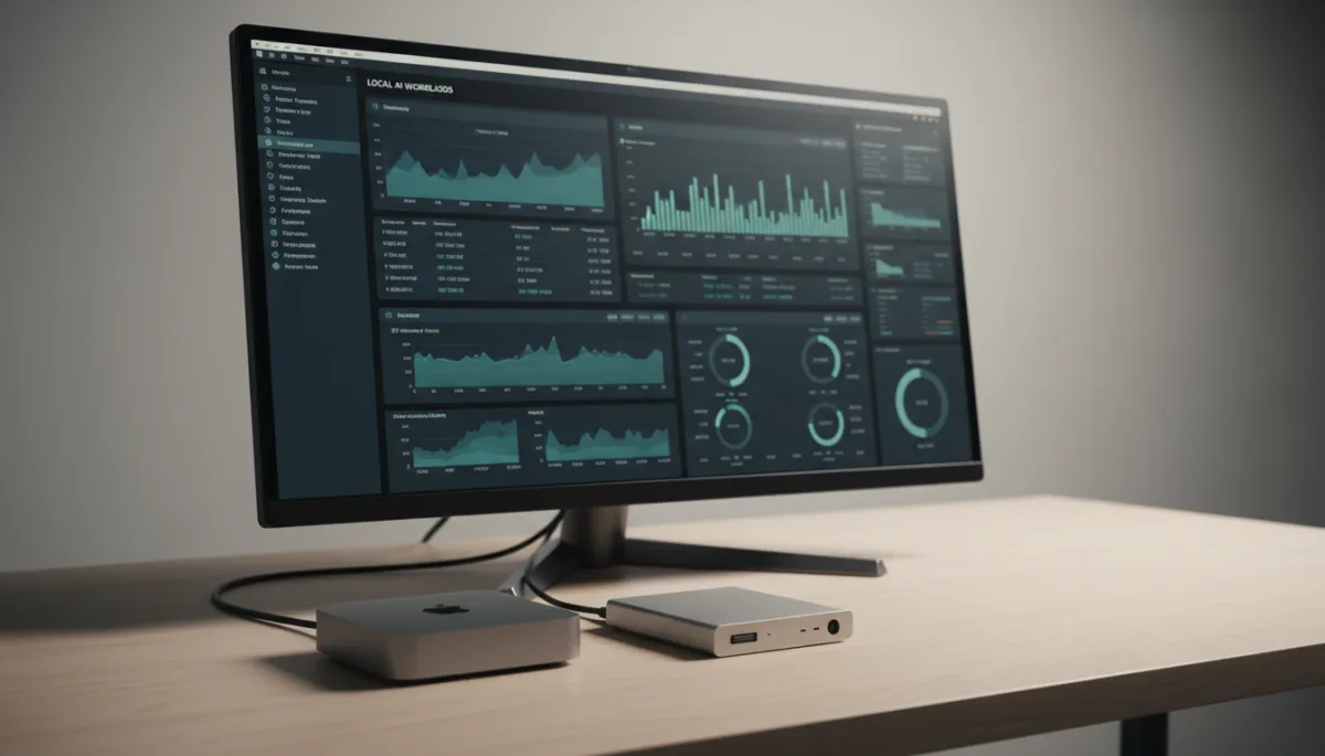 Mac Mini configured as a local AI server with monitoring dashboard