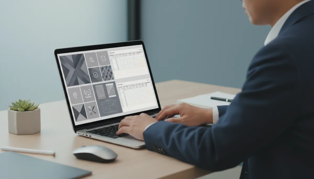 Person arbeitet professionell am Laptop an digitalen Vorlagen und Designs Person arbeitet professionell am Laptop an digitalen Vorlagen und Designs