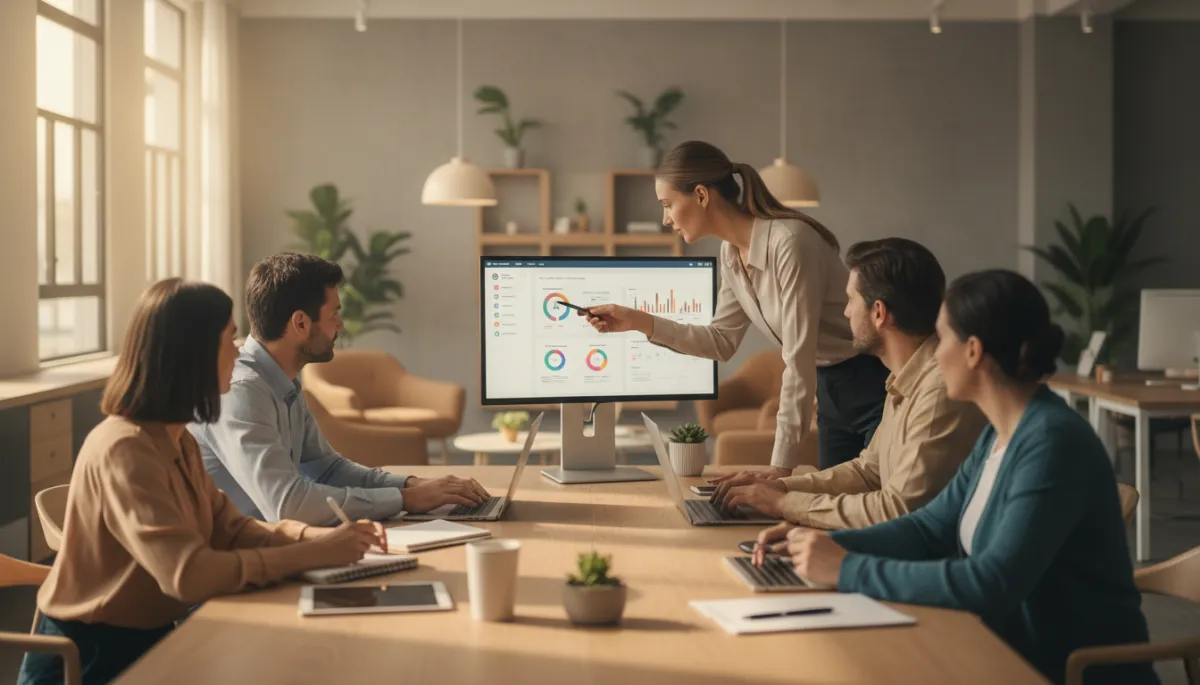 Marketing team collaborating on social media content and ad strategy in a modern workspace