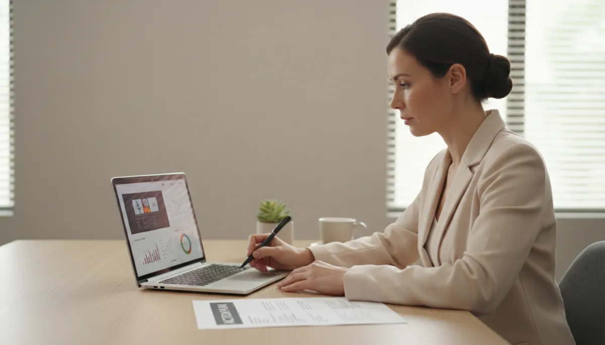Photorealistic scene of a business owner implementing a written marketing action plan while watching a consulting session recording