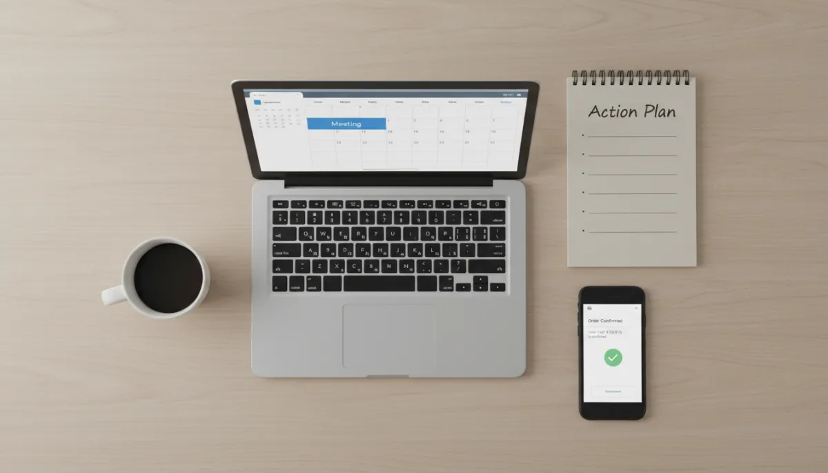 Photorealistic overhead view of a booked consulting session with notes and confirmation
