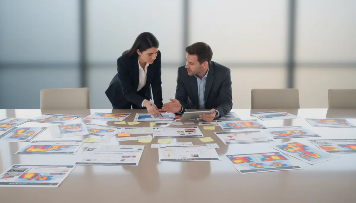 Team reviewing website screenshots with heatmap overlays and A/B test notes
