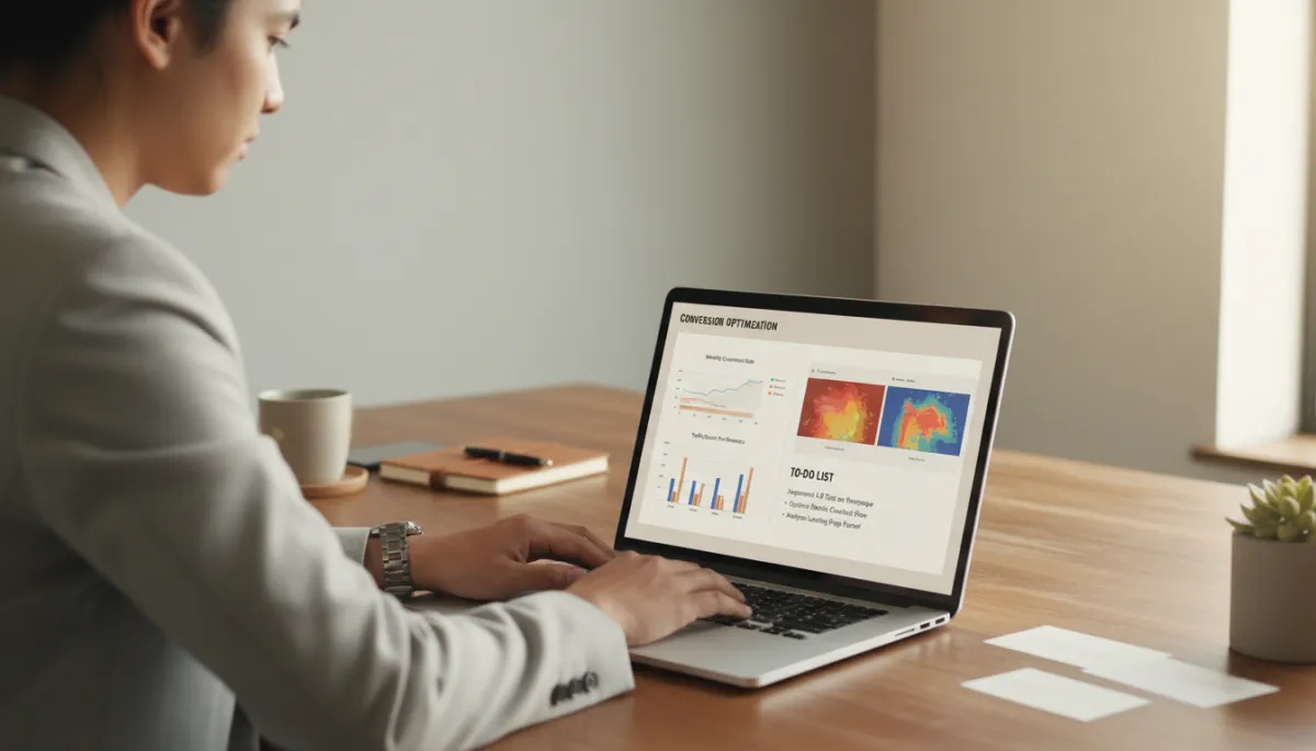 Business owner reviewing a monthly conversion optimization report on a laptop