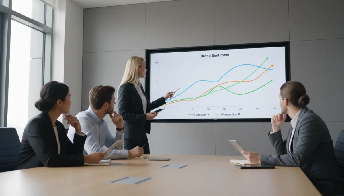 Team analyzing comparative brand sentiment charts for their company and competitors
