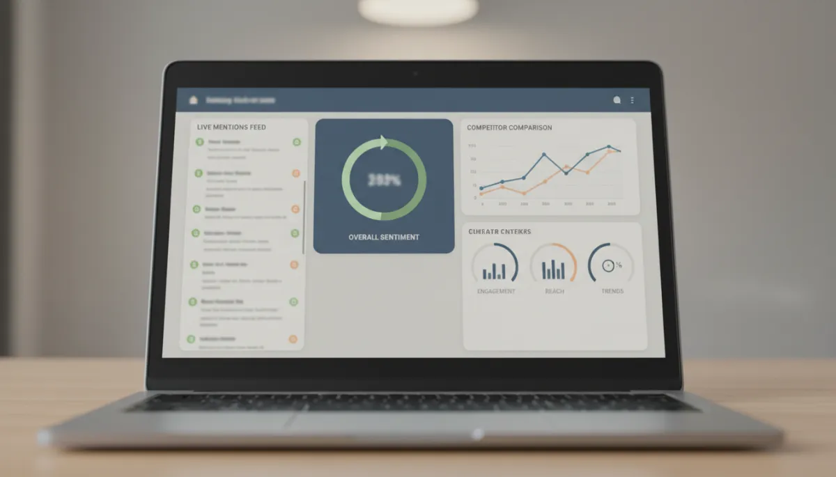 Laptop displaying a brand monitoring dashboard with live data and sentiment indicators