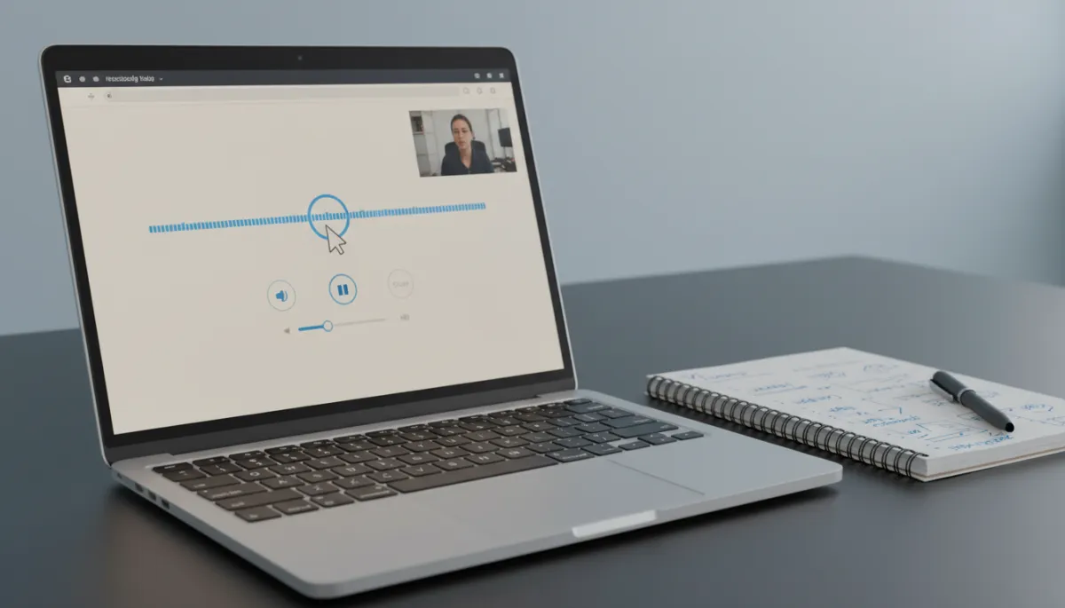 Laptop showing a user testing screen recording with notes beside it