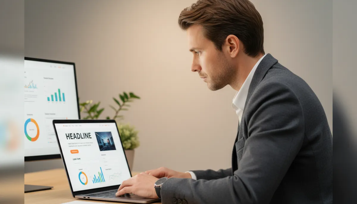 Business owner reviewing a conversion-focused landing page layout on a laptop