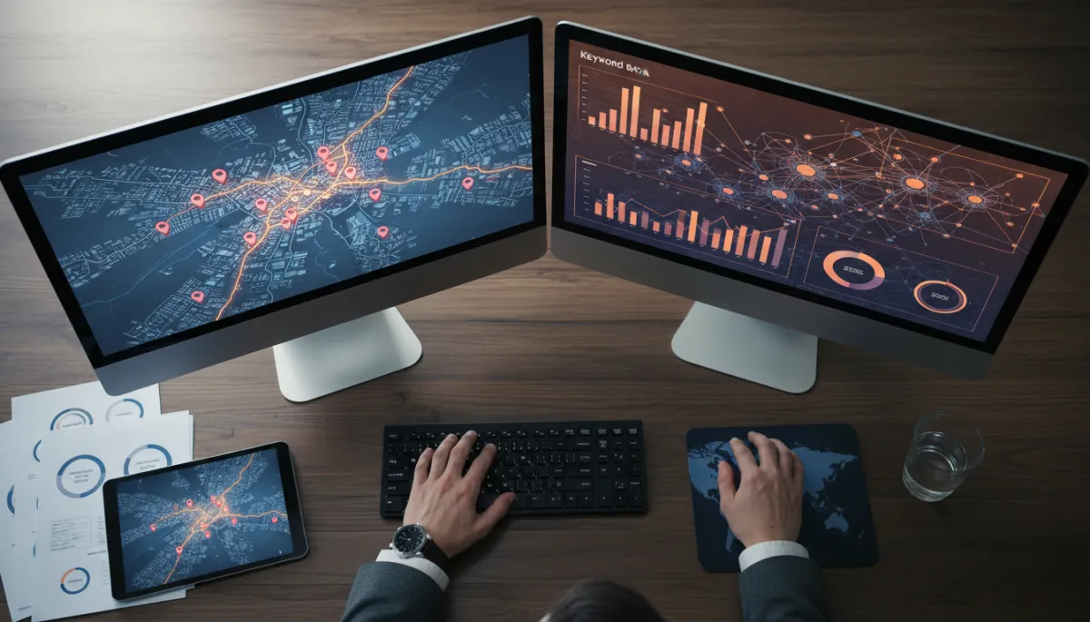 Marketing strategist analyzing local keyword data and city map coverage