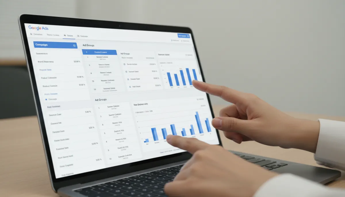 Structured Google Ads account with organized campaigns and performance metrics on screen