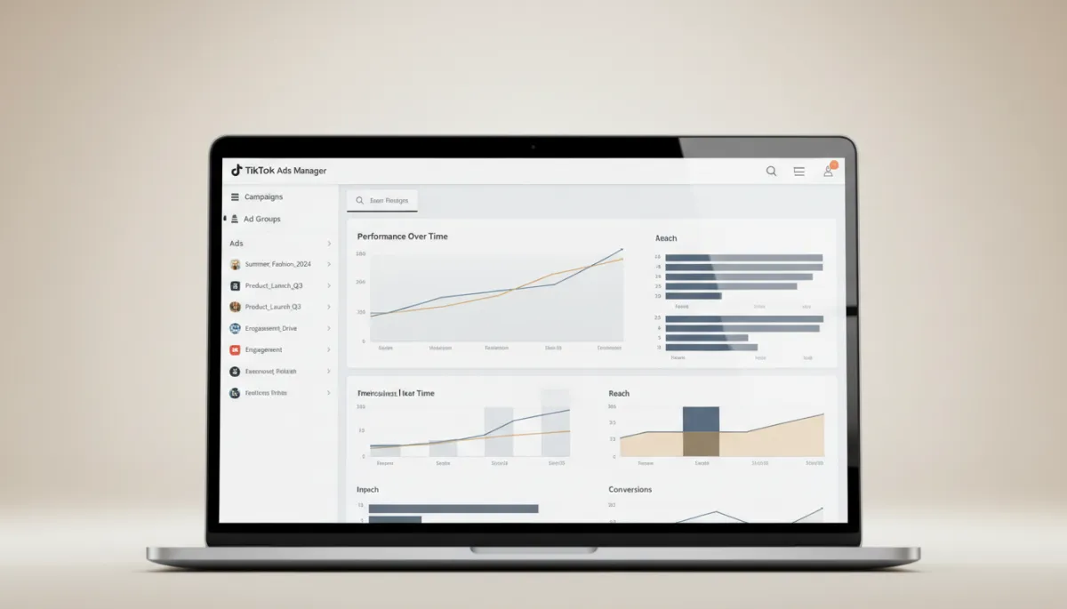 Structured TikTok ad campaigns and performance graphs on a laptop screen