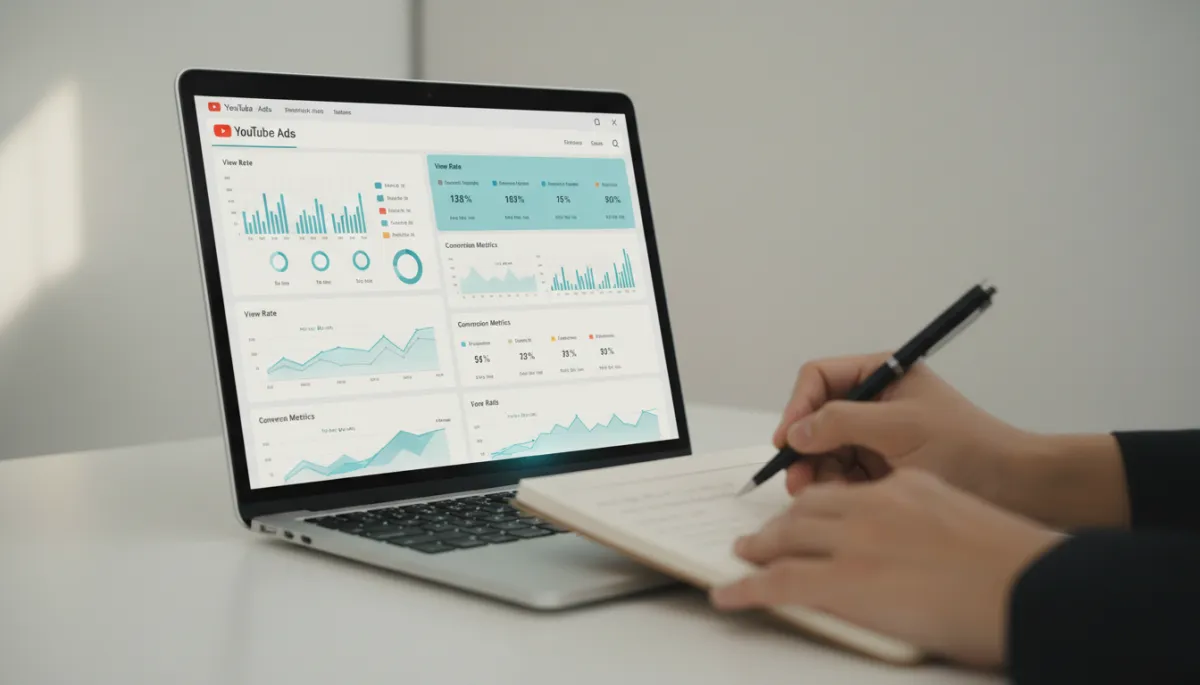 YouTube ads dashboard showing view rate and conversion metrics