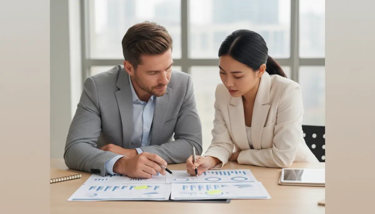 Business owner reviewing a monthly YouTube ad performance report with a marketing consultant