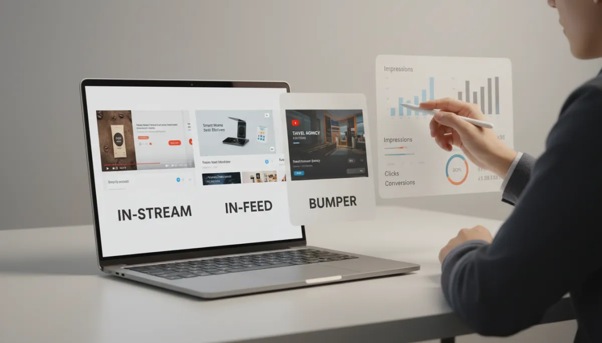 Marketer reviewing performance of different YouTube ad formats on a laptop