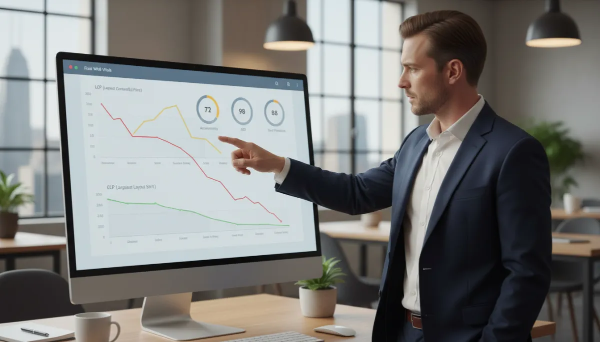 Business owner reviewing Core Web Vitals performance dashboard on a monitor