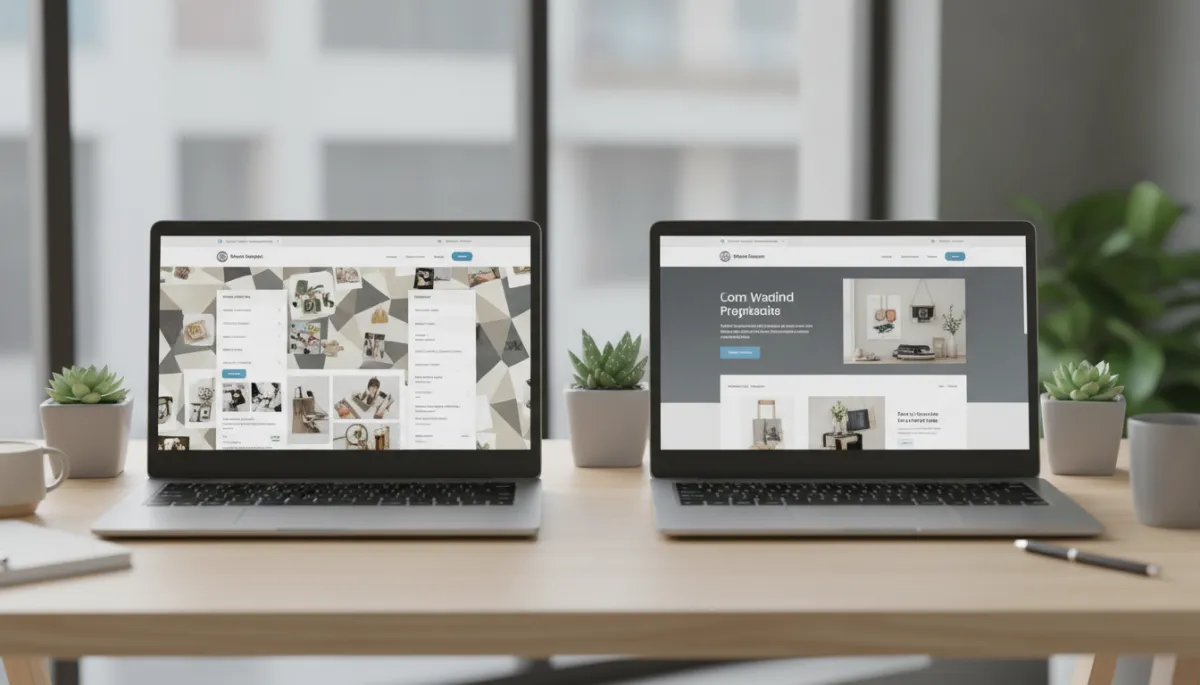 Side-by-side comparison of DIY website and professional high-converting website on laptops
