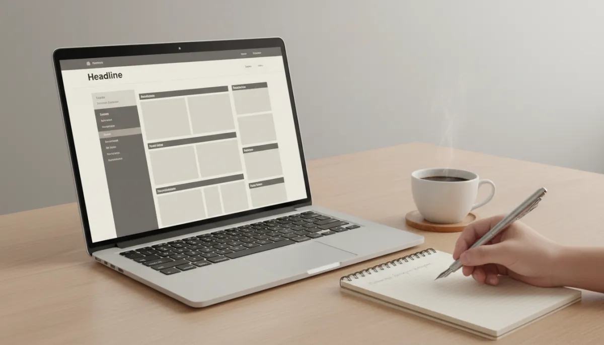 Copywriter refining bold website headlines on a laptop in a calm workspace