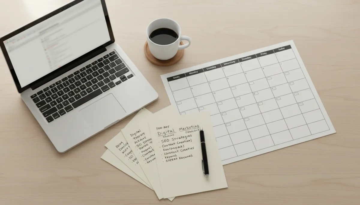 Desk with a 90-day content calendar and laptop planning blog topics