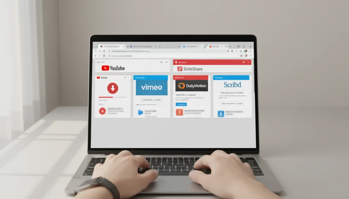 Multiple content platforms open side by side on a professional creator's laptop
