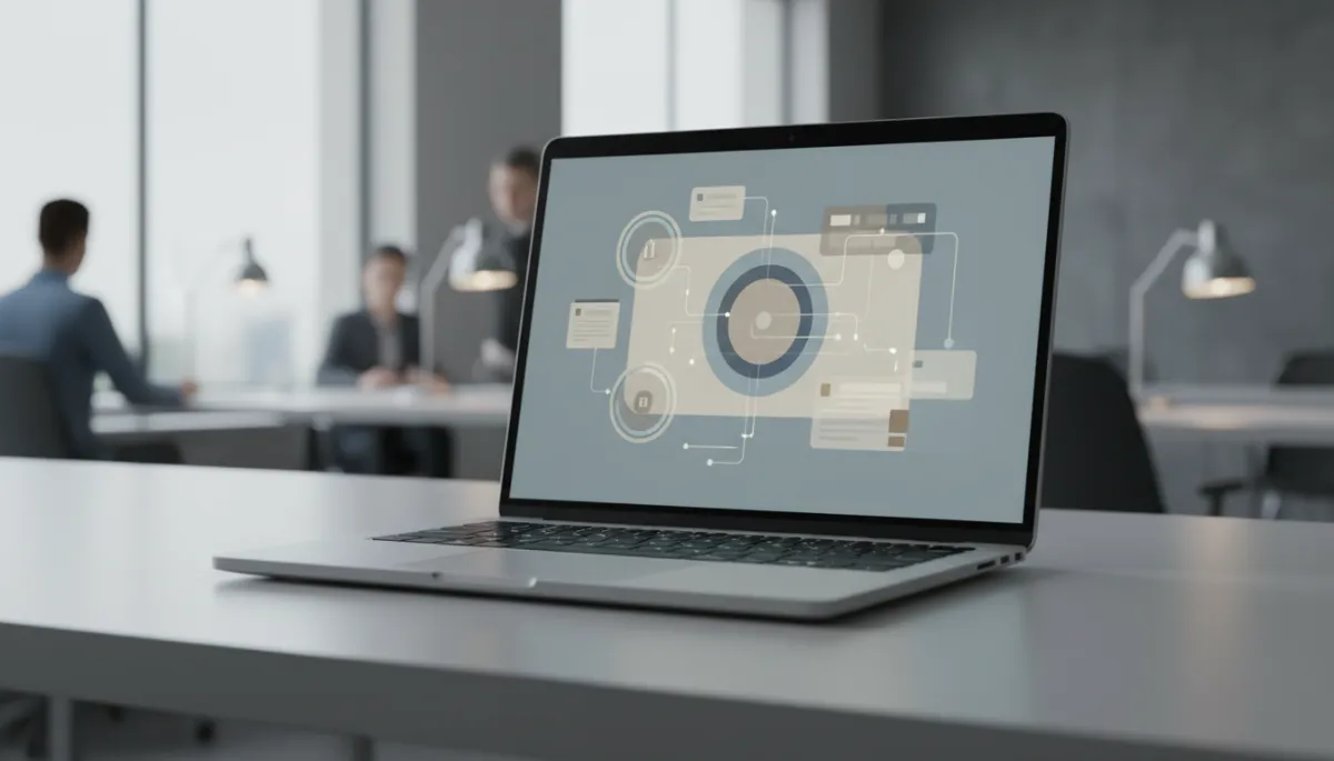 Laptop displaying a complex animated explainer video for a business product