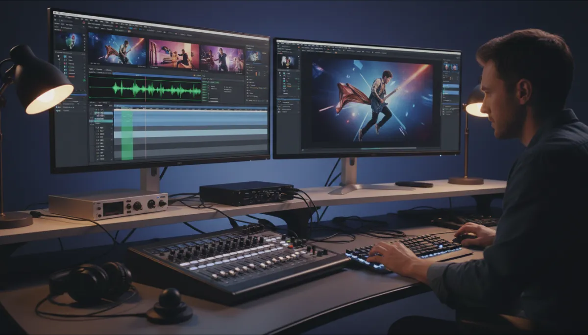 Video editor synchronizing brand footage to a licensed music track on a professional editing timeline
