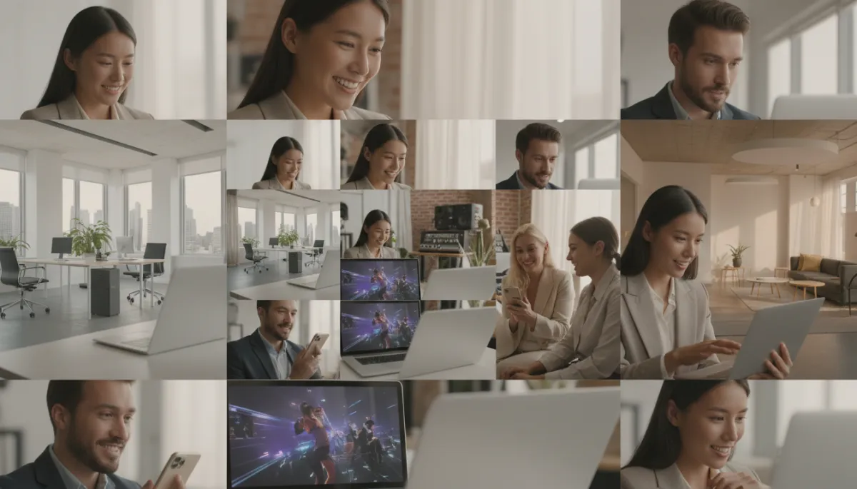 Entrepreneurs viewing their branded music video commercials on different devices in professional settings