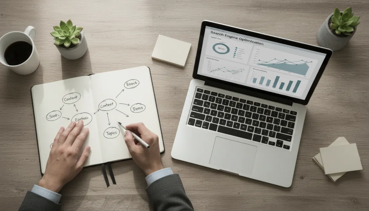 Business owner planning SEO content topics while reviewing analytics on a laptop