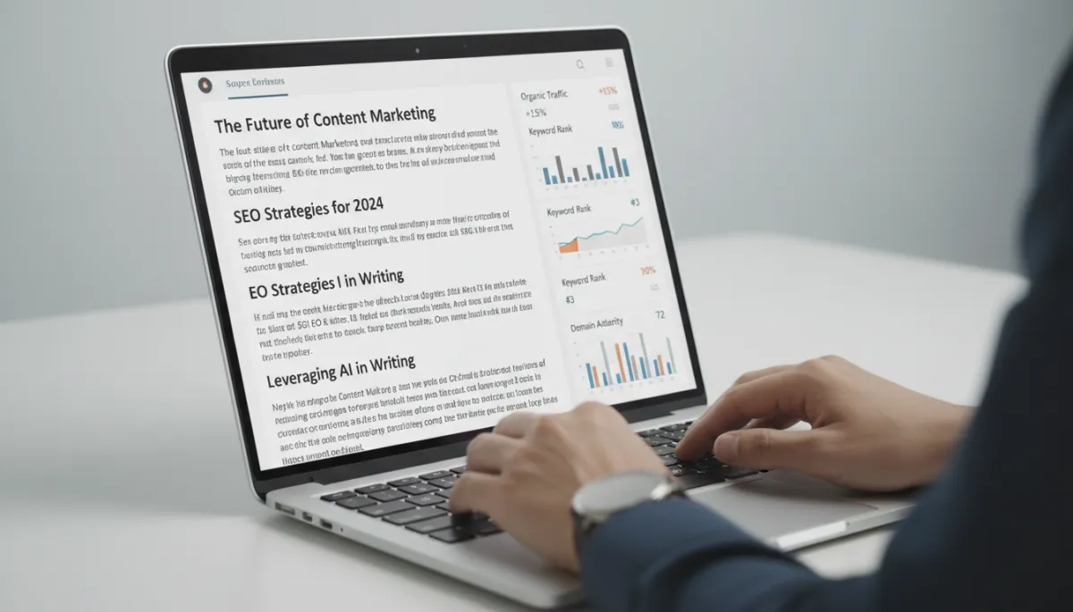 Well-structured SEO article displayed on a laptop with analytics dashboard
