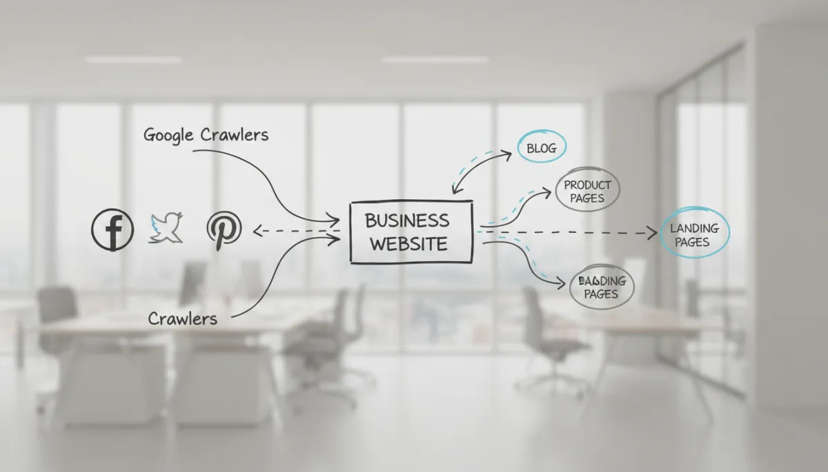 Conceptual diagram of search crawlers reaching a website via bookmarking platforms