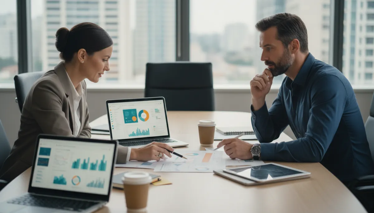 photorealistic neutral-color scene of a business owner and strategist sitting at a conference table reviewing a printed social media strategy document and laptop dashboards