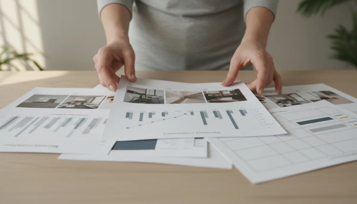 photorealistic neutral-color close-up of a marketer’s hands arranging printed social media posts, analytics reports, and a content calendar on a desk, soft natural light