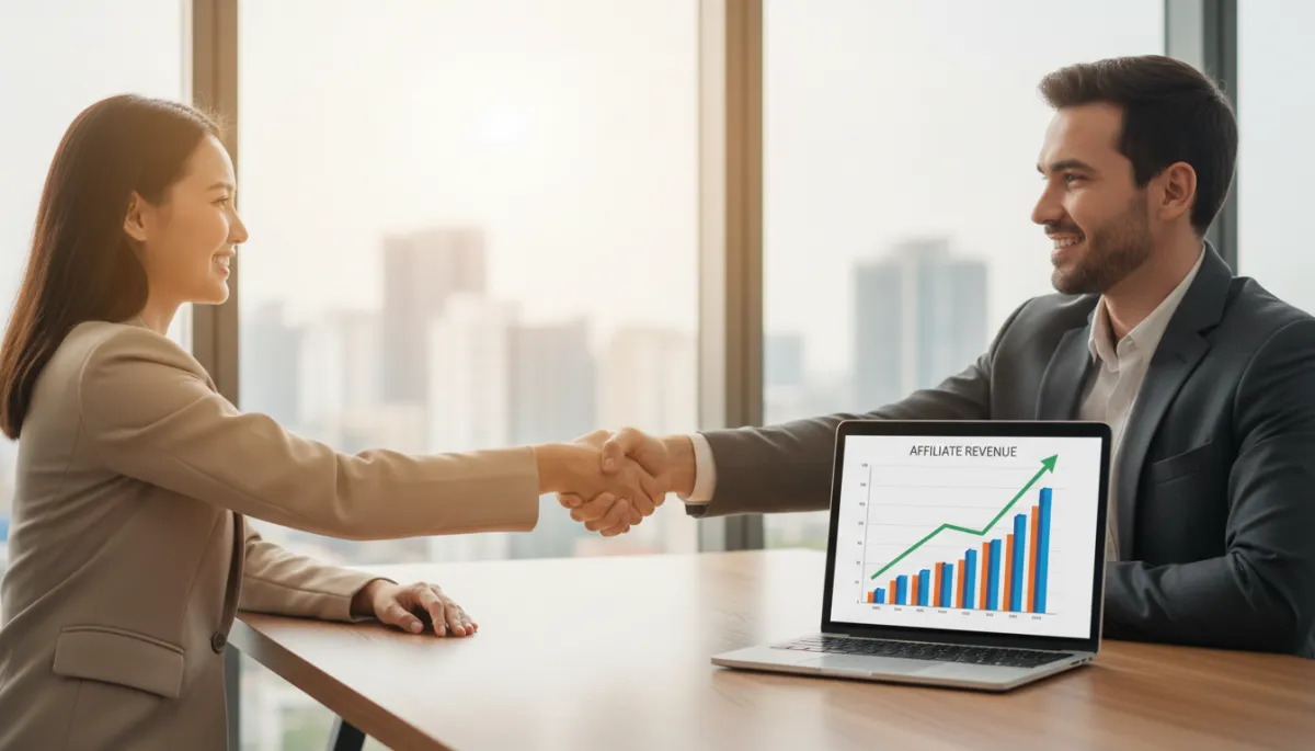 Business owner partnering with an affiliate management consultant while reviewing growing revenue