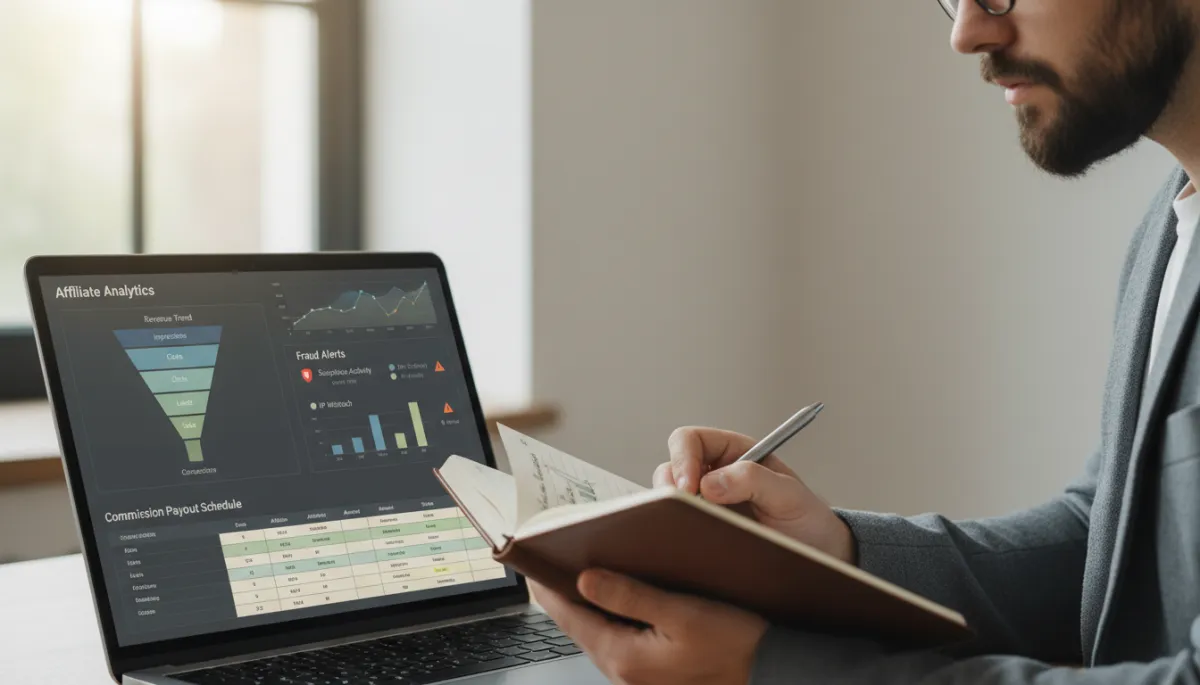 Business owner reviewing affiliate analytics and commission payout schedules on a laptop