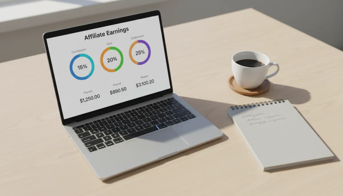 Affiliate earnings dashboard on a laptop showing commissions and payouts