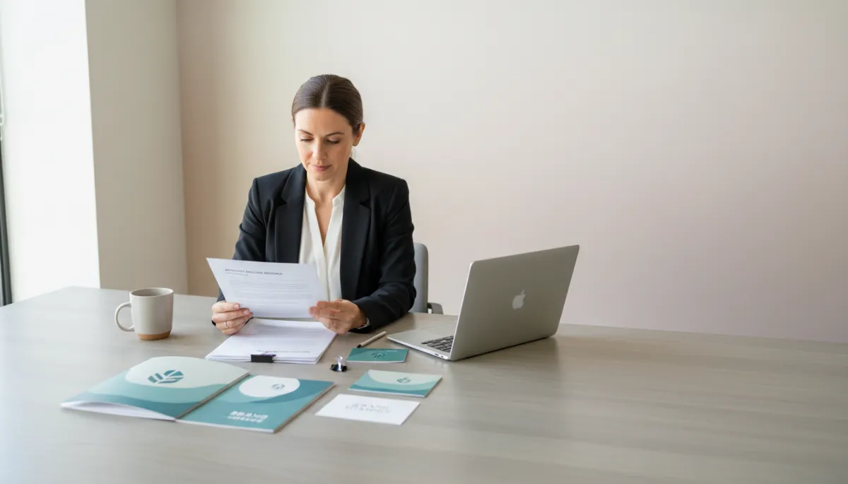 Business owner reviewing affiliate welcome emails and marketing materials on a desk