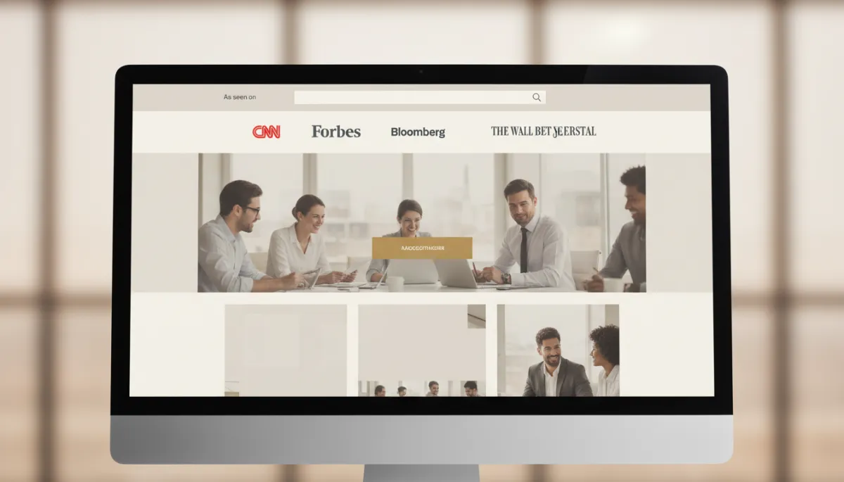 Website homepage featuring an 'As seen on' strip of media logos above a call to action