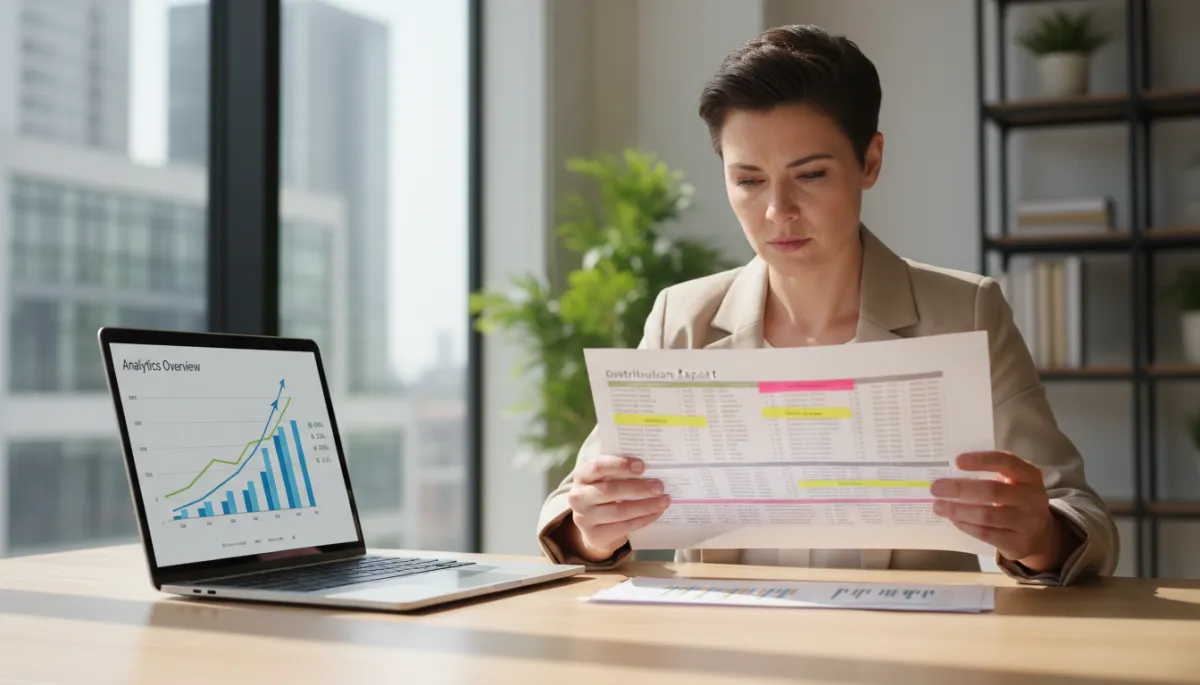 Business owner reviewing a press release distribution report and analytics
