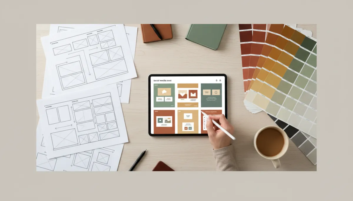 Marketer planning infographic layouts and social media adaptations on a desk