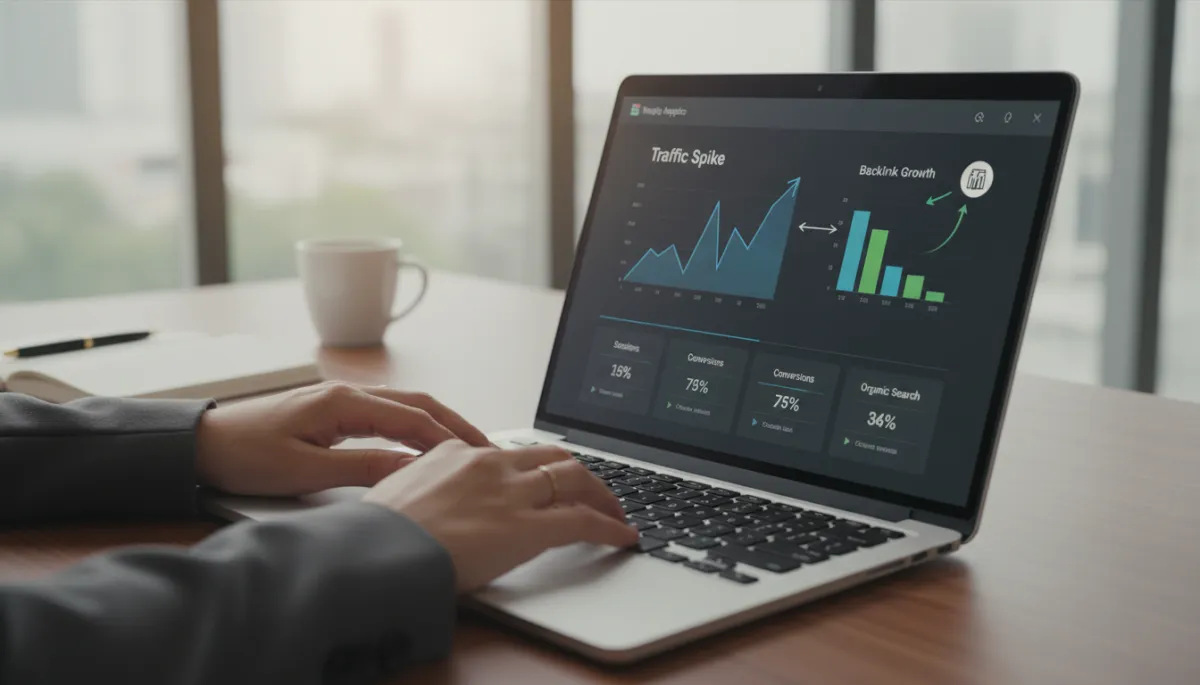 Analytics dashboard showing traffic and backlink growth after publishing an infographic