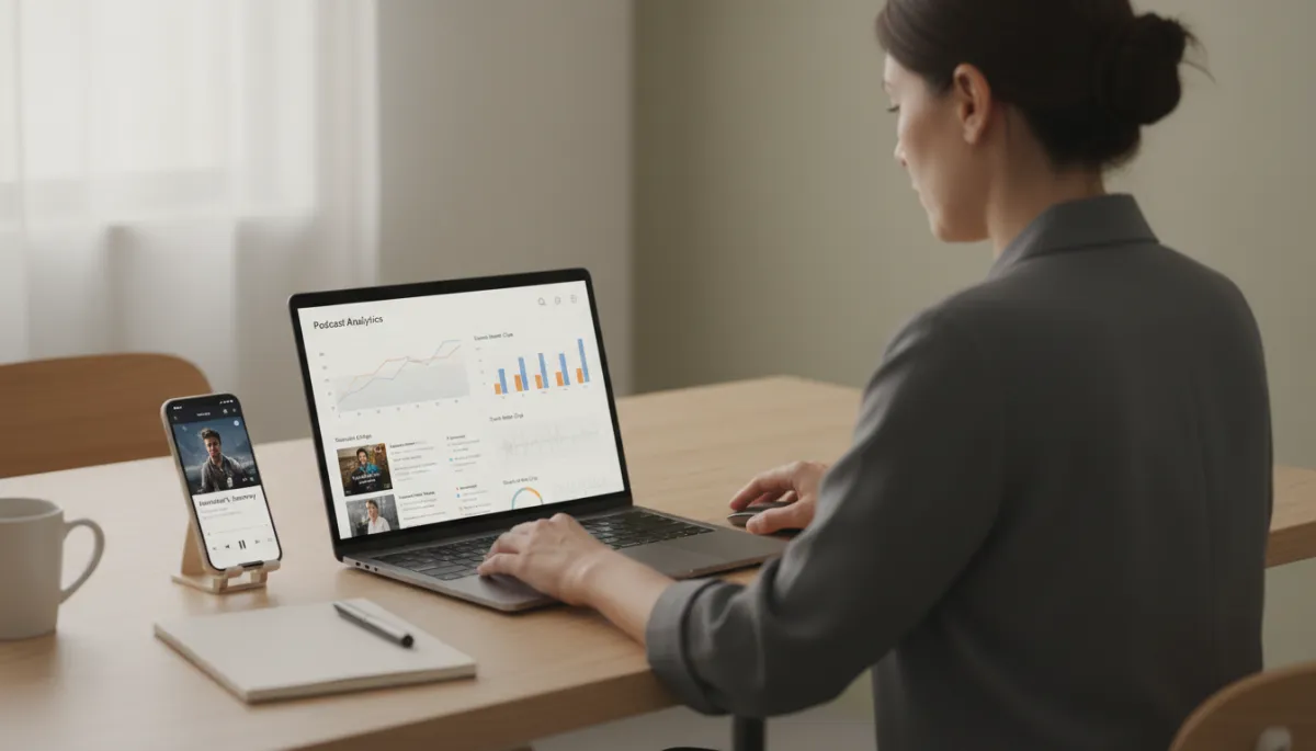 Business owner reviewing podcast performance and social media clips