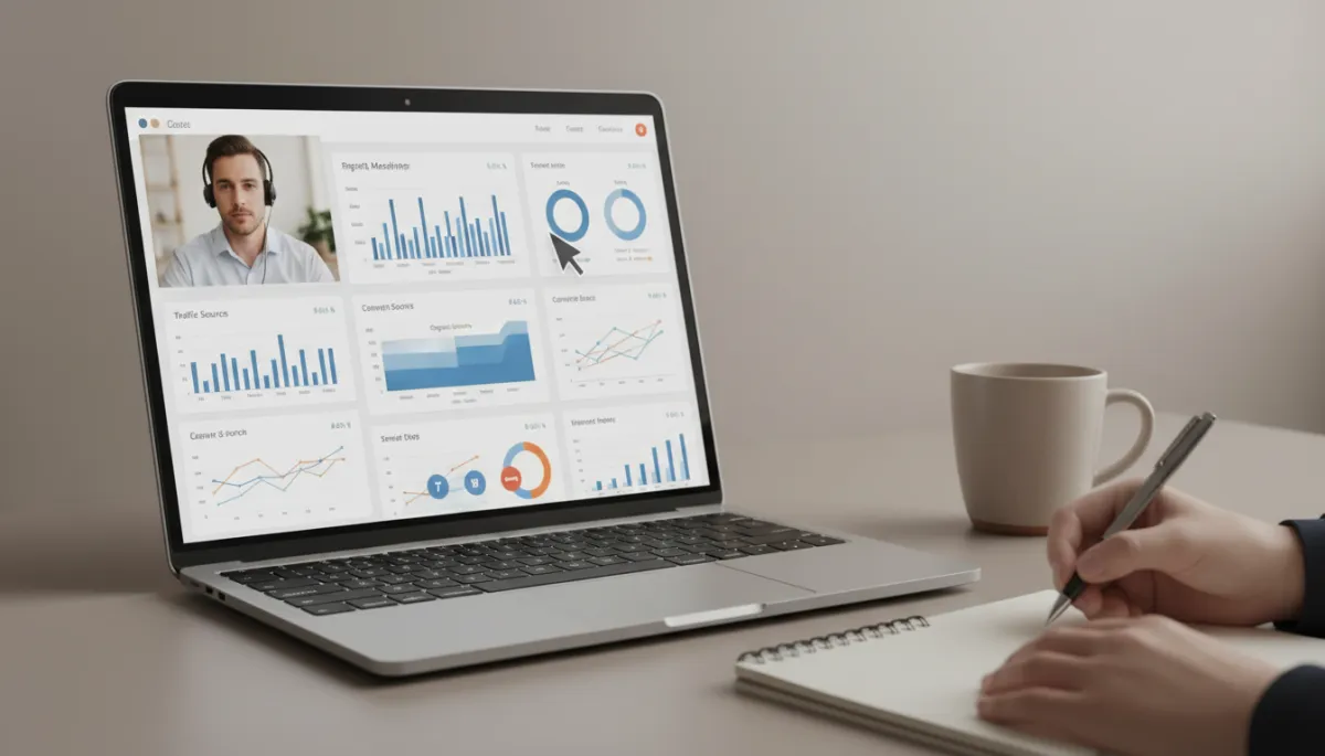 Marketing consultant reviewing live analytics and website performance on a video call