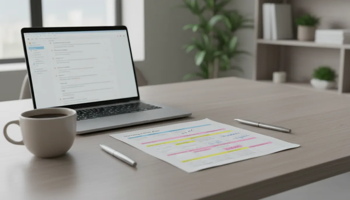 Printed marketing action plan and follow-up email support on a professional desk
