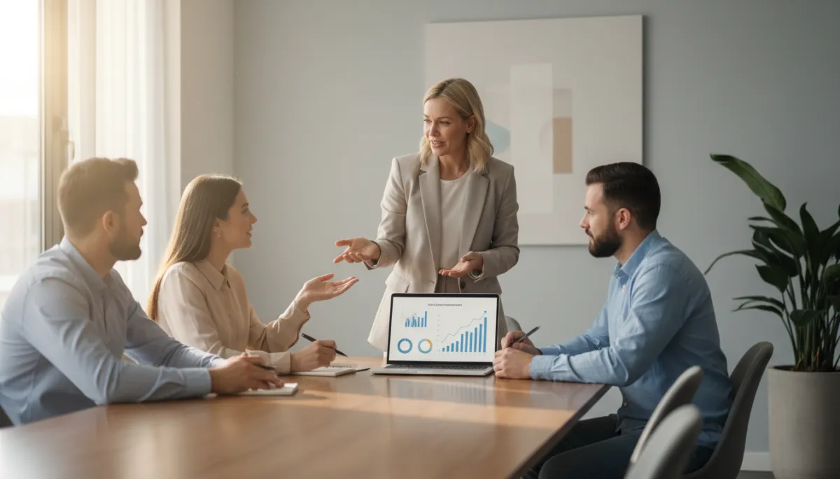 Business owner showing improved marketing results to their team after implementing strategy